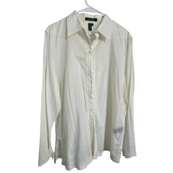 LAUREN Ralph Lauren Women’s White Embroidered Floral Trim Button Down Top Sz XL - Picture 1 of 11